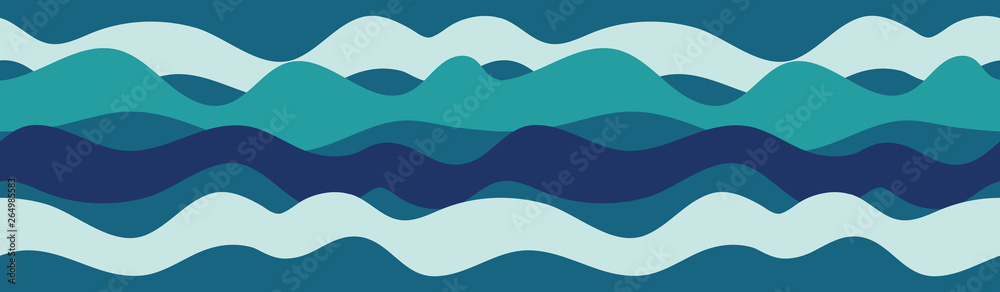 Abstract ocean waves seamless border in blue and turquoise. Lively irregular horizontal wavy shapes overlap to create a beautiful repeat vector. Great for textiles, home decor, and graphic design.