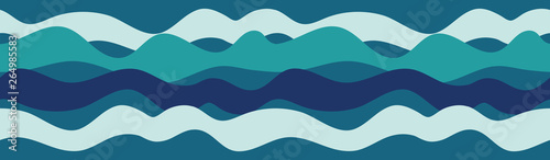 Abstract ocean waves seamless border in blue and turquoise. Lively irregular horizontal wavy shapes overlap to create a beautiful repeat vector. Great for textiles, home decor, and graphic design.