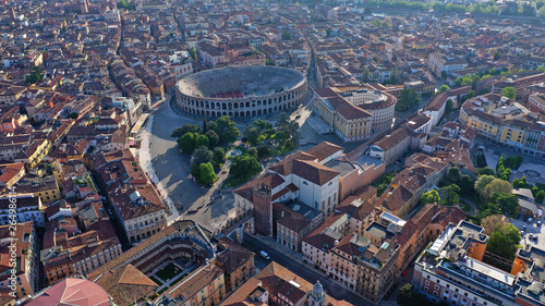 Aerial drone photo from iconic Arena and City Hall in Bra square of beautiful city of Verona, Veneto, Italy