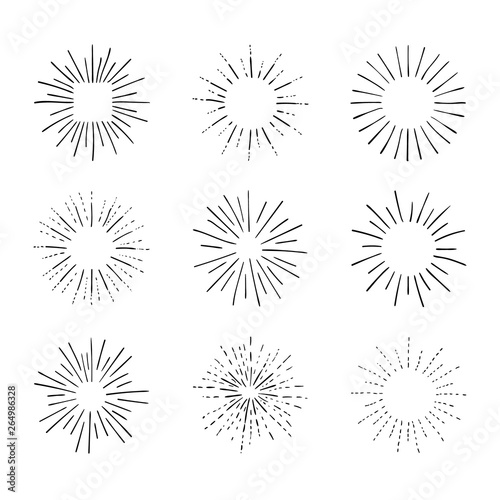 Vector Collection of Retro Light Rays, Black Outline Drawings, Vintage Sketch Design Elements Collection.