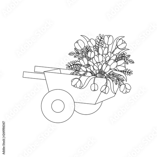Spring flowers in wheelbarrow outline