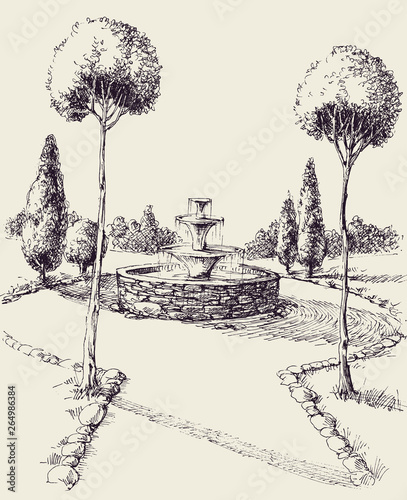 Water fountain in a park hand drawing. Park alley sketch