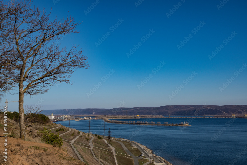 walk, nature, space, distance, mountains, spring, Sunny, day, blue, sky, tree, cliff, river, water, port, buildings, lighthouse, walking, paths, promenade, recreation