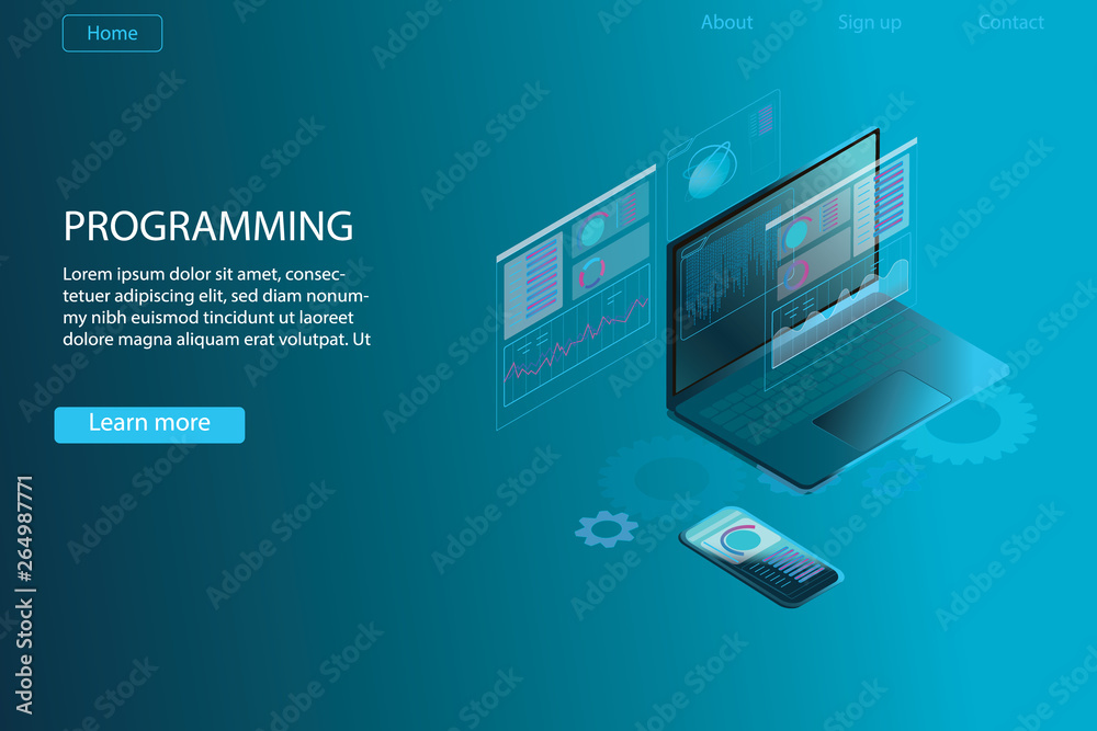 Development of software and programming. Program code on computer screen and phone screen. Launch a new product on a market. Laptop in flat isometric style. Design template from landing page or banner Development of software and programming. Program code on computer screen and phone screen. Launch a new product on a market. Laptop in flat isometric style. Design template from landing page or banner