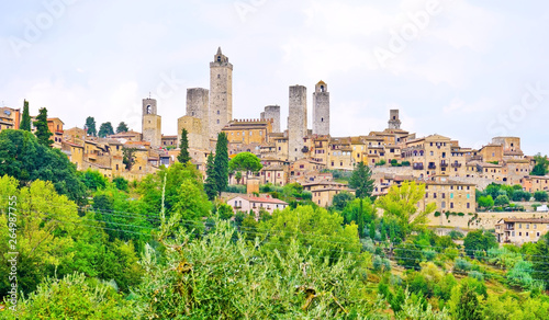 View of the historic cityscape of San Gimignano facing the countryside in Tuscany  Italy.