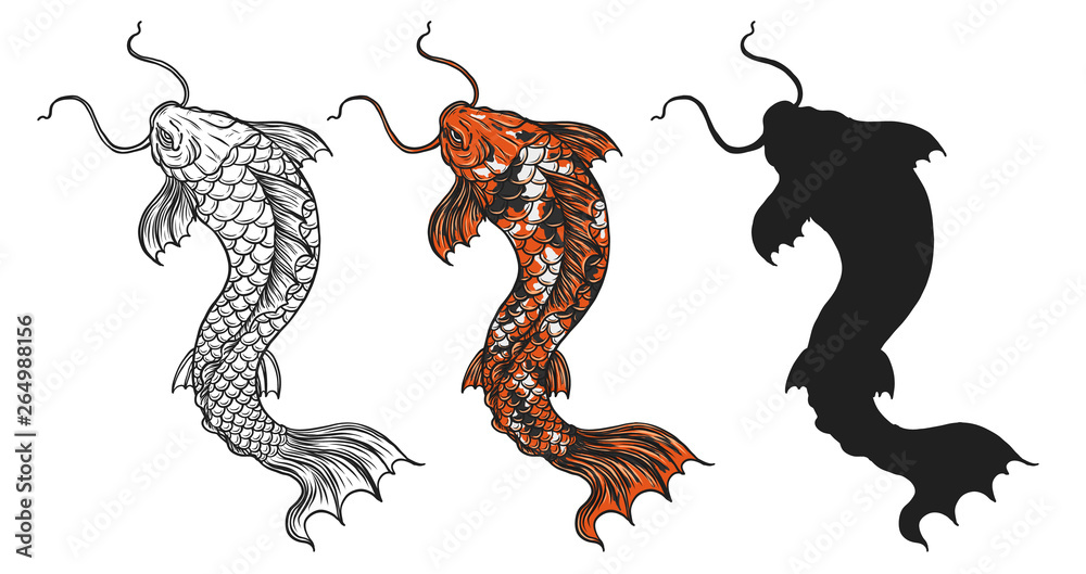 Koi Fish Vector Tattoo By Hand Drawing.Beautiful Fish On White Background.Black  And White Graphics Design Art Highly Detailed In Line Art Style.Carp Fish  For Tattoo Or Wallpaper. Stock Vector | Adobe Stock