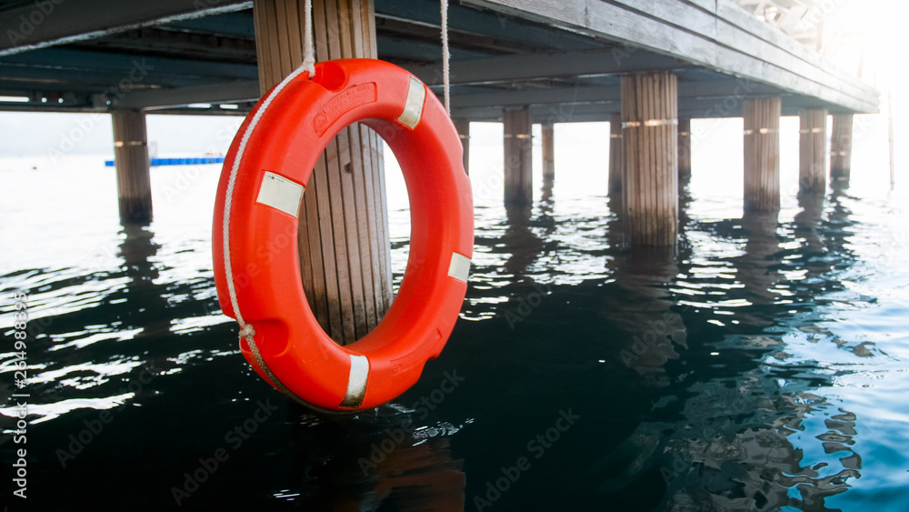 Closeup image of life ring for saving drowning people on the sea