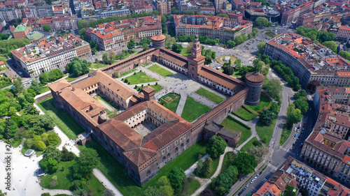 Aerial drone photo of iconic medieval Castle of Sforza or Castello Sforzesco and beautiful Sempione park in the heart of Milan, Lombardy, Italy