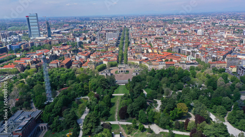 Aerial drone photo of iconic Arch of Peace or Arco della Pace in beautiful Sempione park in the heart of Milan, Lombardy, Italy