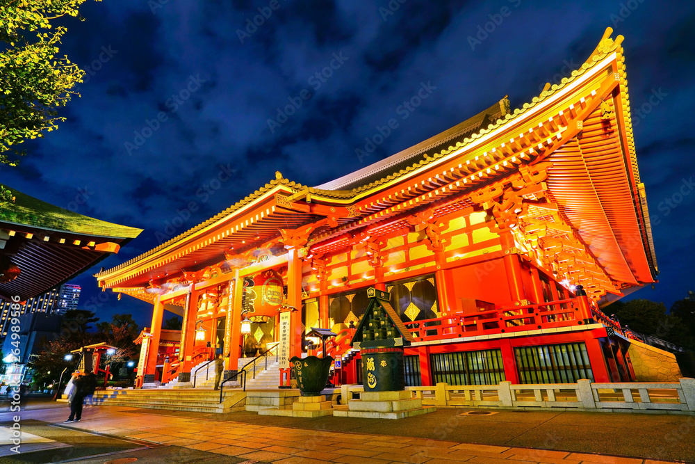 View of the Senso-ji temple at night in Tokyo. 