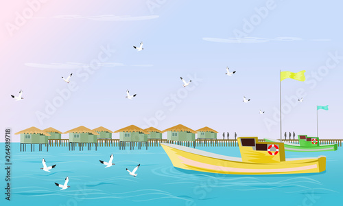 Fishing boats are sailing in the sea With seagulls flying There is a fishing village and evening sky in the background.