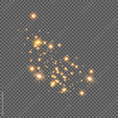 Dust white. White sparks and golden stars shine with special light. Vector sparkles on a transparent background. Christmas abstract pattern. Sparkling magical dust particles.