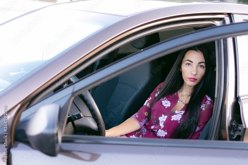 Happy young asian woman driving a car with her dogs. Attractive girl driver sitting in automobile and looking through the window in summer sunset. Travel road trip with pets. Outdoor and friendship.