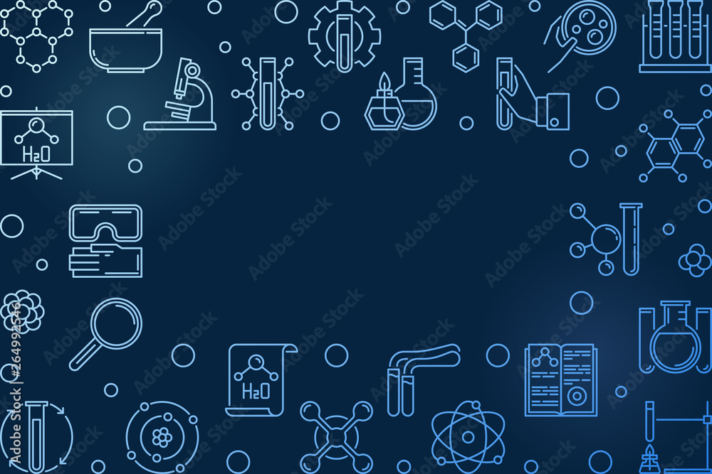Chemistry vector blue horizontal outline illustration or frame on dark background