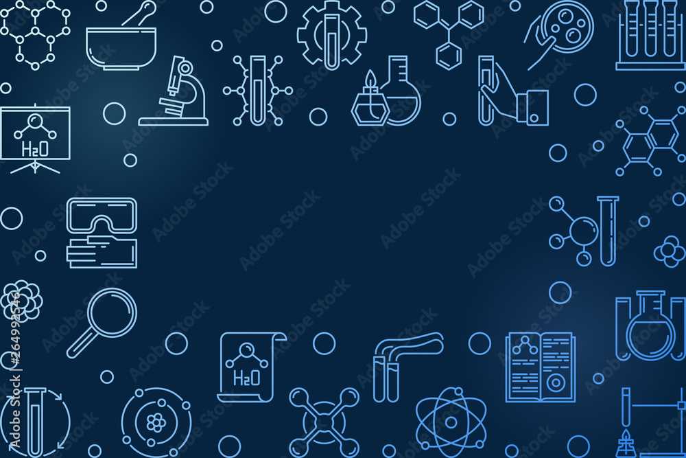 Chemistry vector blue horizontal outline illustration or frame on dark background Chemistry vector blue horizontal outline illustration or frame on dark background