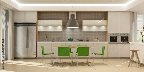 Modern interior of living room and kitchen in house or apartment. 3d rendering.