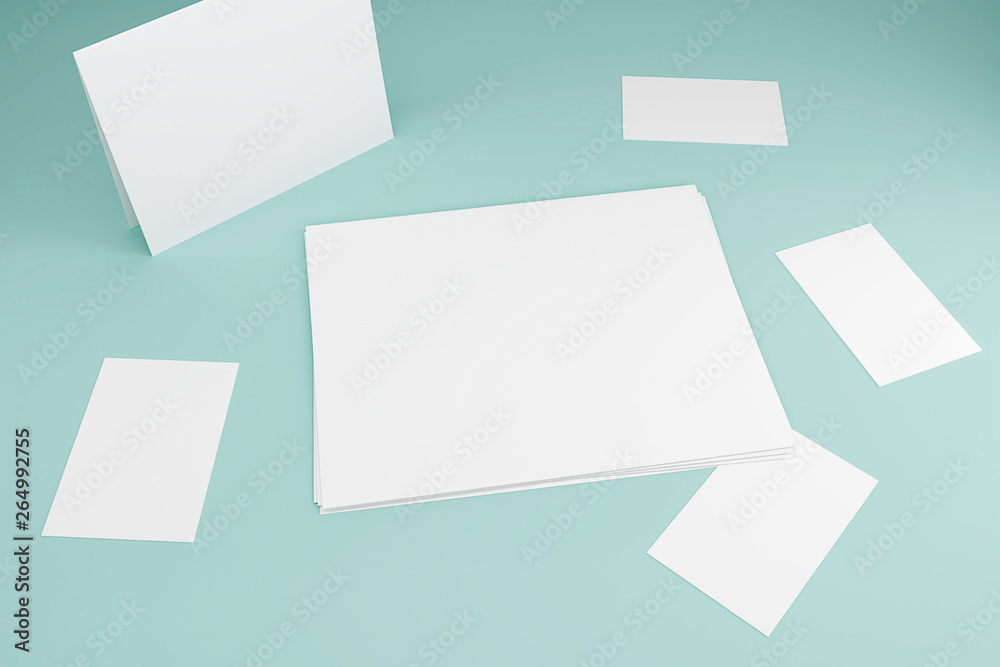 Stack of blank whate paper sheets mock-up on blue background. 3D Render Illustration of realistic mockup design. Stack of blank whate paper sheets mock-up on blue background. 3D Render Illustration of realistic mockup design.