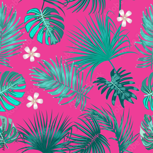 Tropical vector seamless pattern  green branches on pink background.