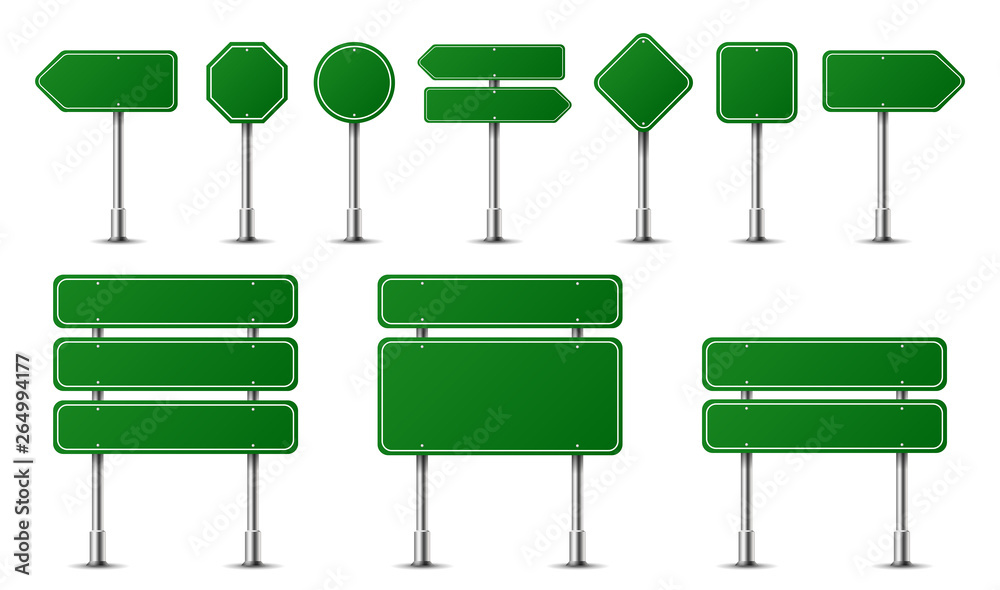 Realistic traffic signs on metal steel pole isolated. Diffrent green ...