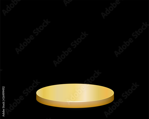 Realistic round gold pedestal sanctified. Empty white podium mockup isolated on black background. Champion, first place, award, win, winner, award stair concept design. Vector