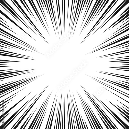 Black and white radial lines comics style backround. Manga action, speed abstract. Universe hyperspace teleportation background. Vector illustration