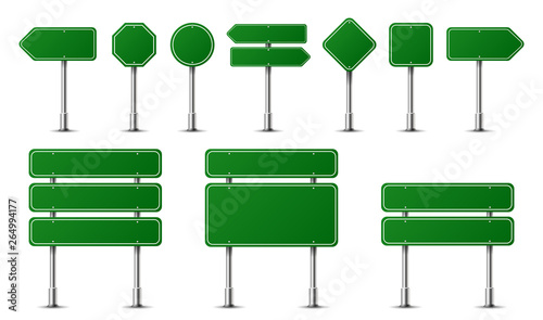 Realistic traffic signs on metal steel pole isolated. Diffrent green road panels mockup - direction highway, board text, city location, street arrows, stop, danger, warning signage. Vector