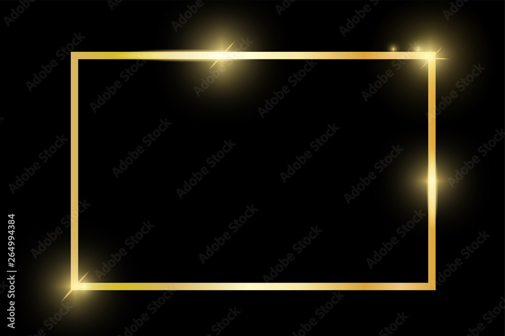 Gold shiny glowing vintage rectangle frame with shadows isolated on black  background. Golden luxury realistic rectangle border. Vector illustration  Stock Vector | Adobe Stock