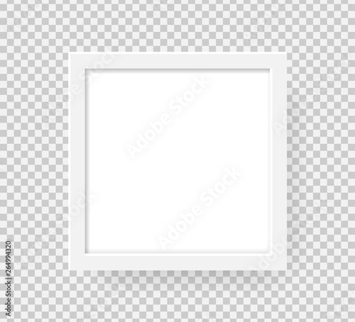 Realistic square picture frame isolated on transparent background. Blank white picture frame mockup template. Photo frame pattern. Modern advertise mockup. Vector illustration
