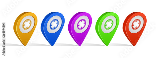 Multi color 3d pins of crosshairs sign icon