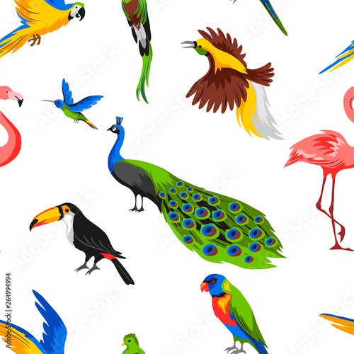 Seamless pattern with tropical exotic birds.