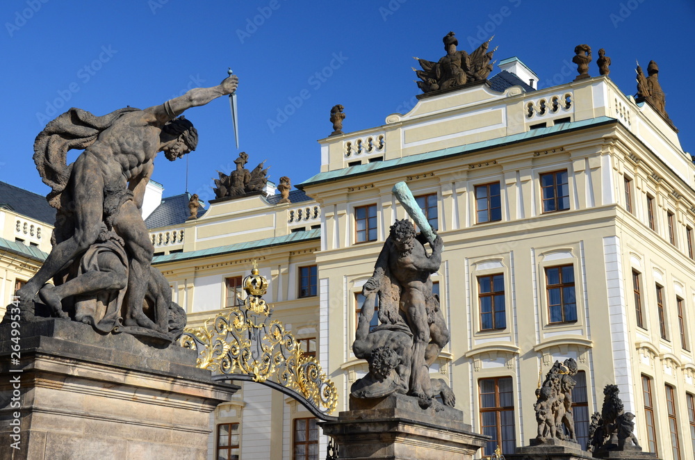 Sculpures at the entrance to the New Royal Palace in Prague
