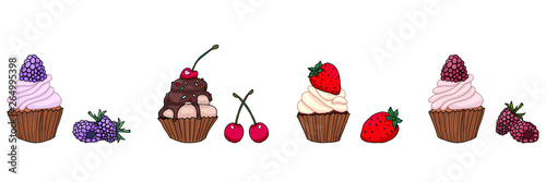 Set of tasty delicious cupcakes with berries vector illustration