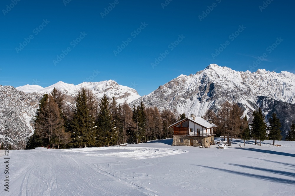 Valdidentro Valtellina Italy Winter. Skiing resort Cima Piazzi/San Colombano, Alps.