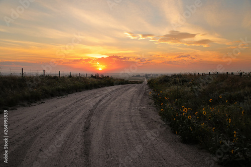 Dirt road at sunrise, North Platte River valley, western Nebraska, USA