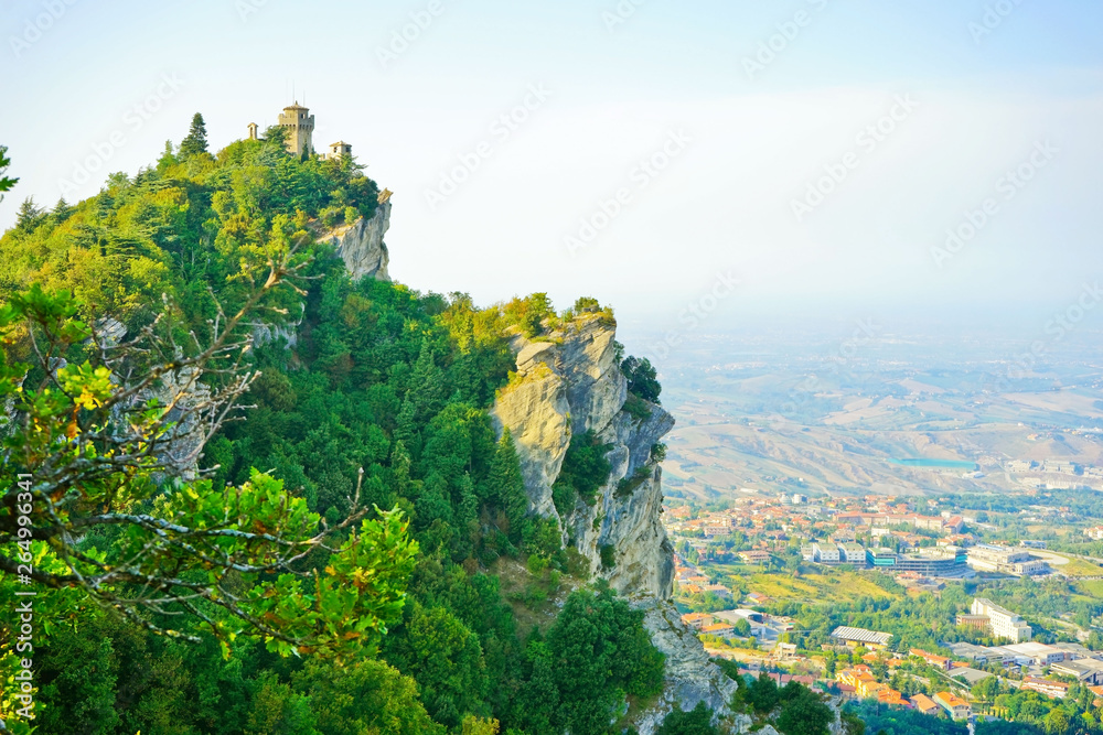 View of the Cesta tower located on the peak of Monte Titano in San Marino. The country is situated inside Italy and the fifth smallest country in the world.