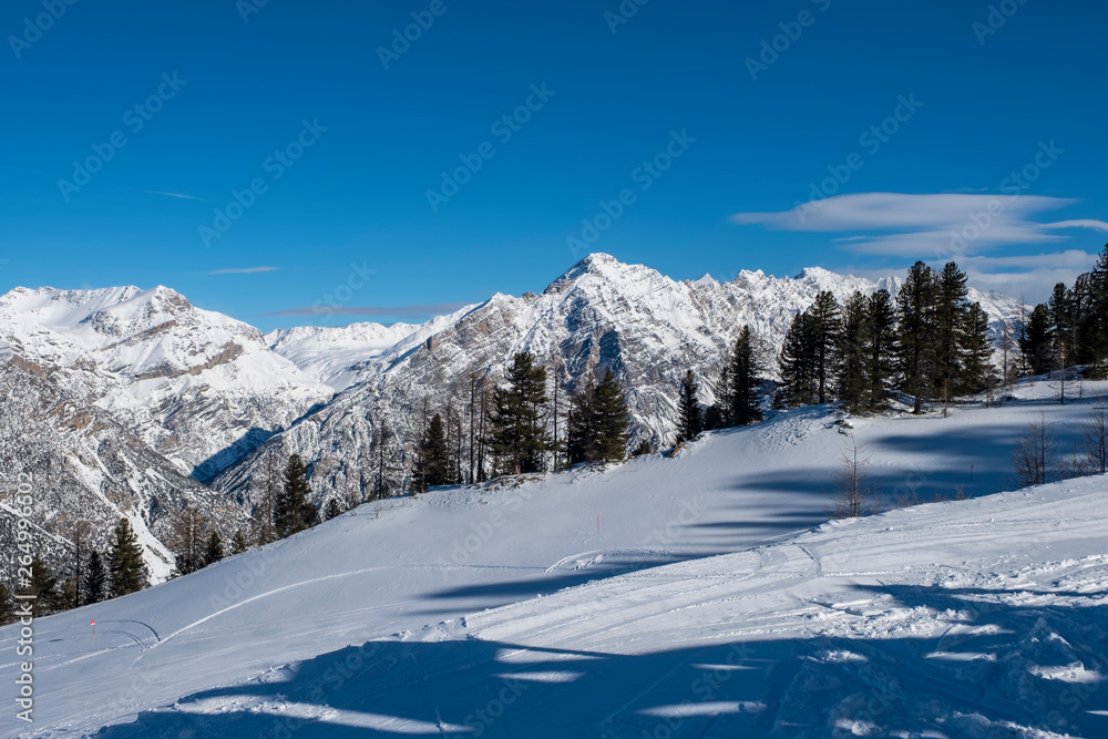 Valdidentro Valtellina Italy Winter. Skiing resort Cima Piazzi/San Colombano, Alps, ski slope.