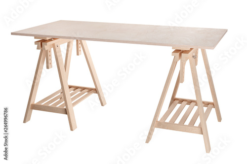 work table, wooden plywood shelf on two trestles, isolated on white background, Fototapeta