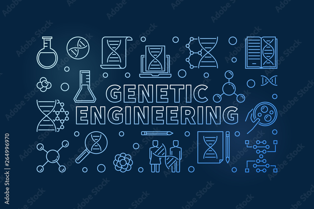 Genetic Engineering vector blue outline horizontal biotechnology illustration on dark background Genetic Engineering vector blue outline horizontal biotechnology illustration on dark background