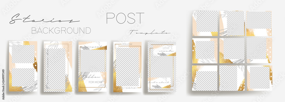 Design backgrounds for social media banner.Set of instagram stories and post frame templates.Vector cover. Mockup for personal blog or shop.Layout for promotion.Endless rose gold square puzzle. - obrazy, fototapety, plakaty 