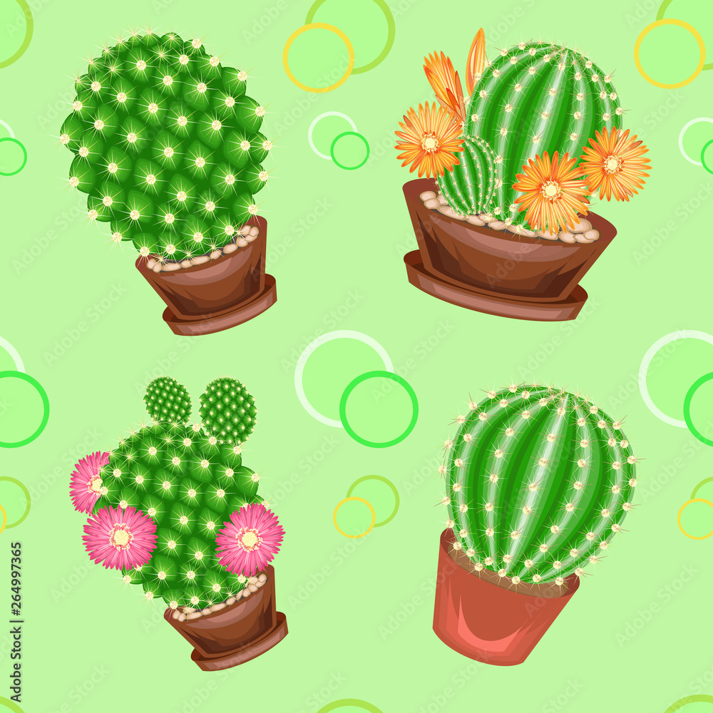 Cacti in pots on a green background. A fancy pattern. Suitable as wallpaper on, as a background for packaging products. Creates a cheerful mood. Vector illustration Cacti in pots on a green background. A fancy pattern. Suitable as wallpaper on, as a background for packaging products. Creates a cheerful mood. Vector illustration