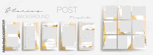  Design backgrounds for social media banner.Set of instagram stories and post frame templates.Vector cover. Mockup for personal blog or shop.Layout for promotion.Endless rose gold square puzzle.