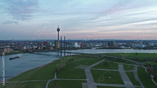 Aerial view of the city of Dusseldorf in Germany with the crossing of Joseph-Beuys-Ufer and Oberkasseler bridge - All brands and logos removed photo