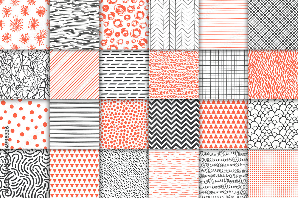 Abstract hand drawn geometric simple minimalistic seamless patterns set. Polka dot, stripes, waves, random symbols textures. Vector illustration - obrazy, fototapety, plakaty 