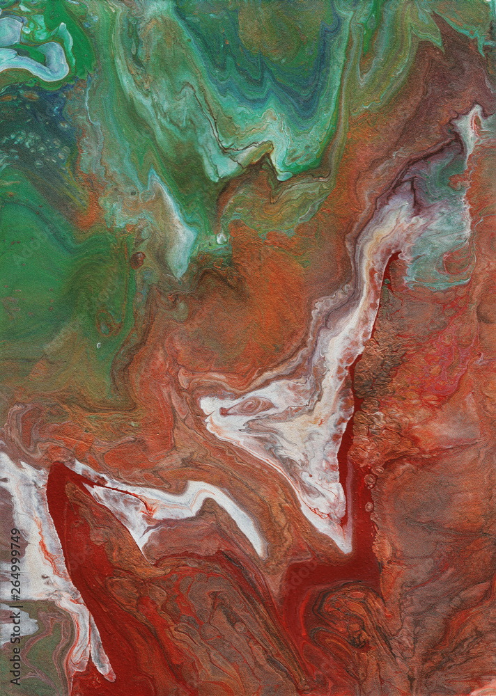 'Amazonian': Marble texture. Acrylic pour fluid art. Background pattern design. Red & green agate. Planet surface.