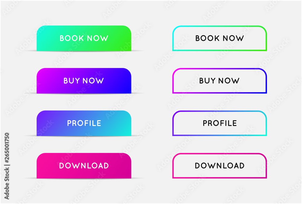 Vector Set of Modern Gradient App or Game Buttons. Trendy gradient colors with shadows. Vector Set of Modern Gradient App or Game Buttons. Trendy gradient colors with shadows.