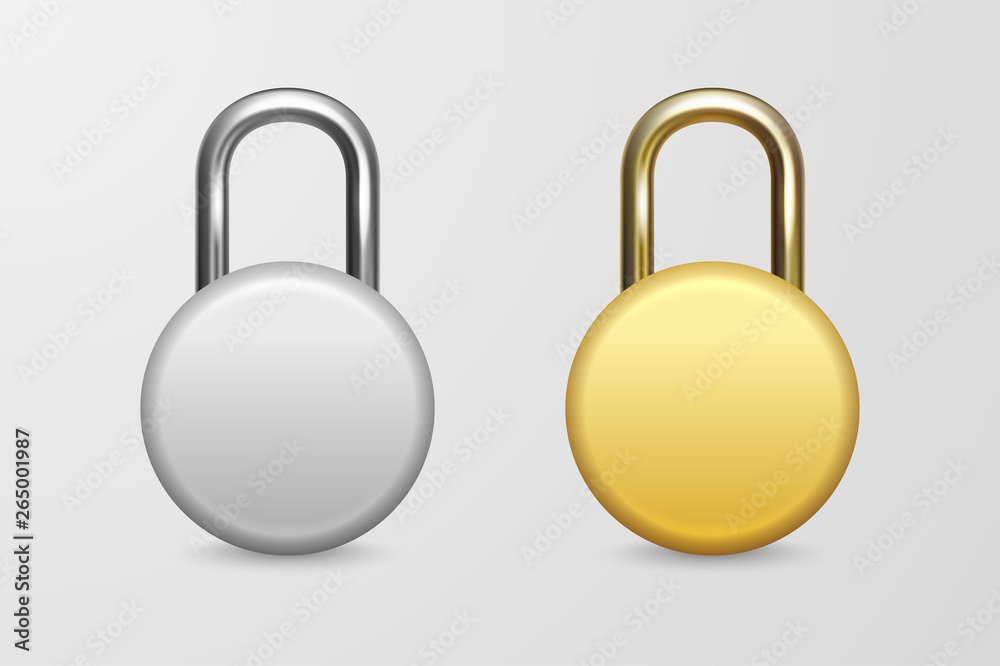 Vector 3d Realistic Closed Circle Metal Golden and Silver Padlock Icon ...