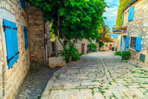 Fototapeta Naklejka Na Ścianę i Meble -  Beautiful old town street with stone houses, Rovinj, Istria, Croatia