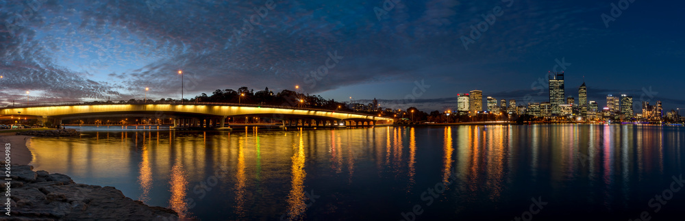 Beautiful panoramic view of the Narrows Bridge on the Swan River and downtown at blue hour, Perth, Western Australia