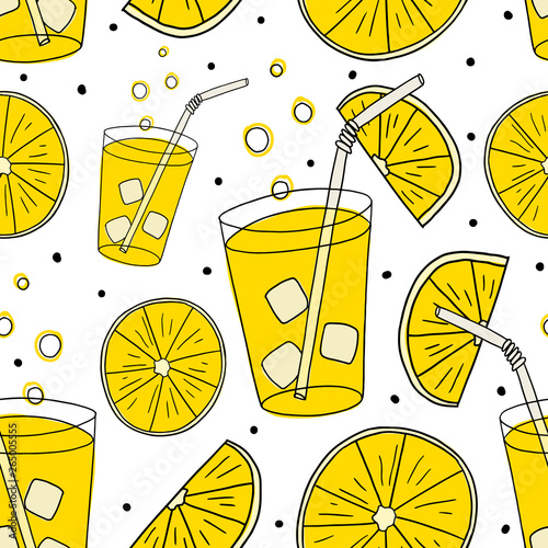 Seamless pattern with lemon and lemonade for print, textile. Seasonal summer background with fresh drink.