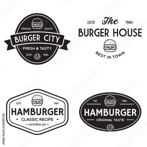 Set of badges, banner, labels and logo for hamburger, burger shop. Simple and minimal design. Vector illustration.